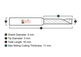 KML-AUS06.3011.50 Acrylic Bit ø3.0-11mm Up Cut (Kongsberg BIT-AUS06-3011-50, Zund R103)